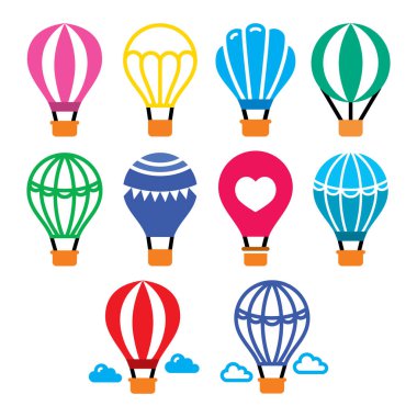 Sıcak hava balonu ve vektör renk simgeleri ayarlandı - hava taşımacılığı, seyahat kavramı