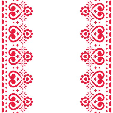 Sevgililer Günü vektör tebrik kartı tekrarı ya da düğün davetiyesi - Çiçekli ve kalpli İskandinav kusursuz halk sanatı tasarımı