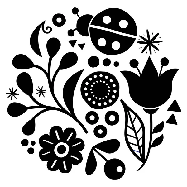 Diseño Vectores Arte Folclórico Floral Patrón Blanco Negro Feliz Con — Archivo Imágenes Vectoriales