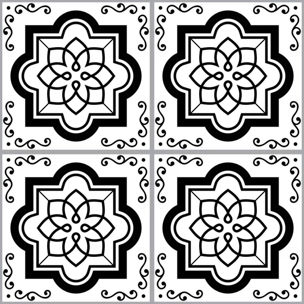 Португальский Марокканский Кафель Azulejo Бесшовный Векторный Рисунок Монохромный Текстильный Дизайн — стоковый вектор