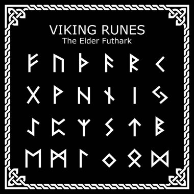 Viking rünleri Yaşlı Futhark alfabe vektör dizaynı Kelt çerçevesinde ayarlandı - siyah zemin üzerinde beyaz