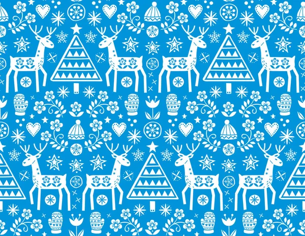Christmas Folk Art Vector Seamless Pattern Reindeer Flowers Xmas Tree — Stock Vector
