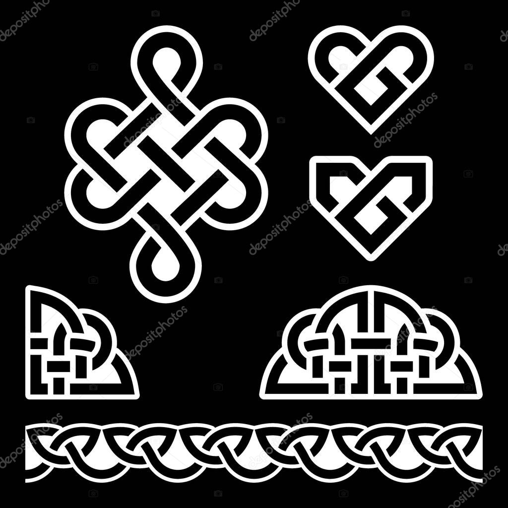 Irish Celtic braids and knots vector pattern set, Celtic hearts traditional design elements collection inspired by Celts art from Ireland