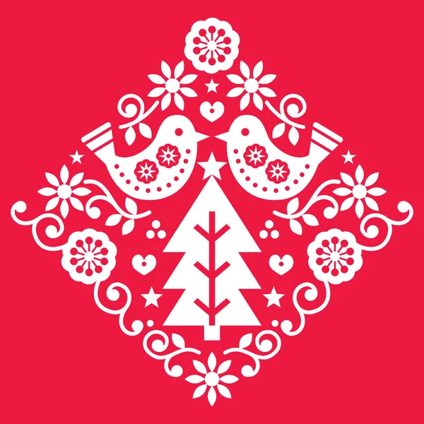 Christmas Scandinavian Folk Art Vector Pattern Birds Flowers White Red — Stock Vector