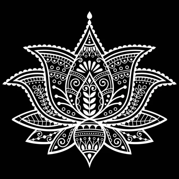 メフンディヘナタトゥー蓮の花ベクトルデザイン インドの装飾パターン ヨガや禅の装飾 黒の上に白でボヘミアングリーティングカード — ストックベクタ
