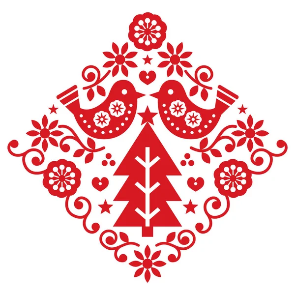 Christmas Scandinavian Folk Art Vector Greeting Card Pattern Birds Flowers — Stock Vector