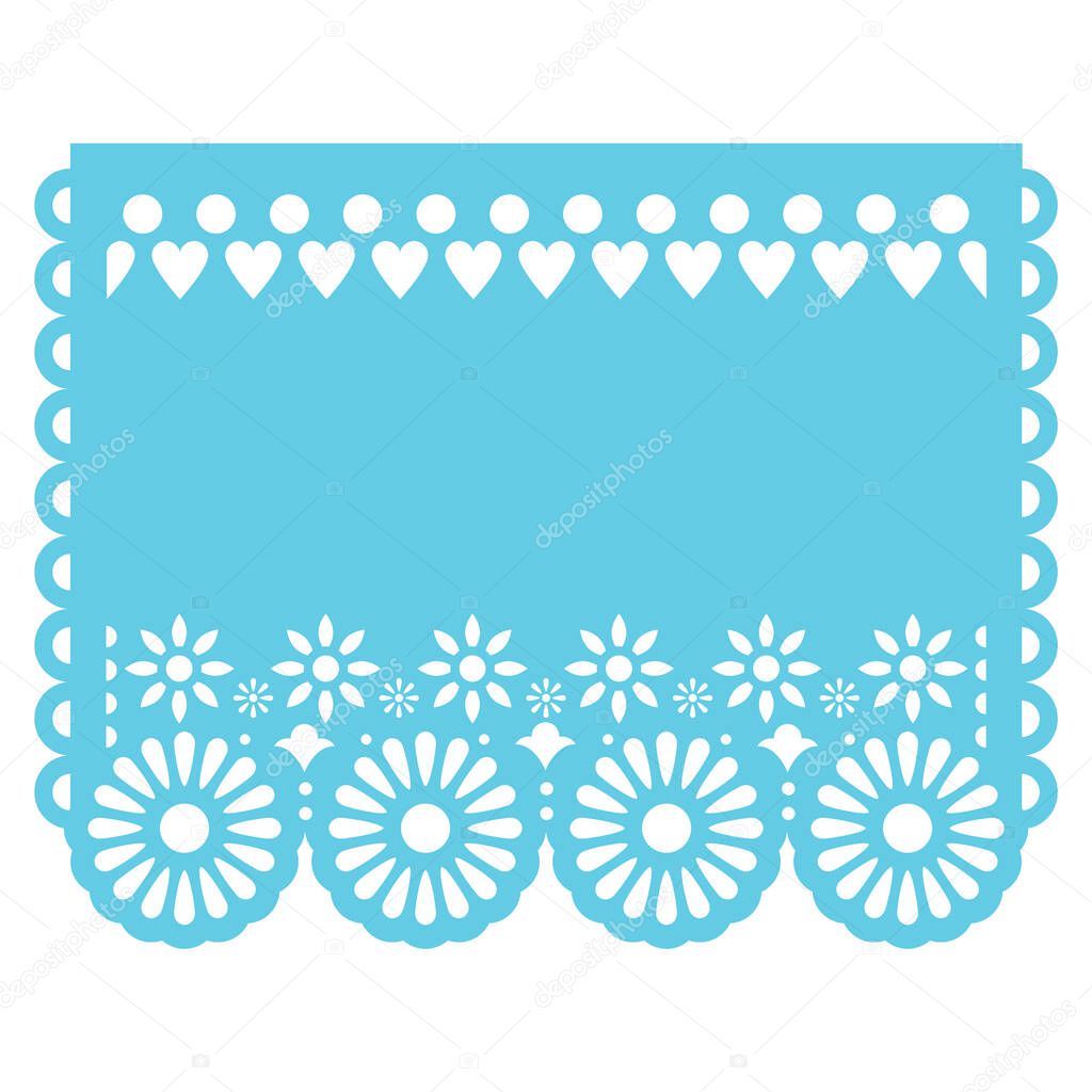 Papel Picado vector template design in aqua blue, Mexican cutout paper garland decoration with flowers and geometric shapes