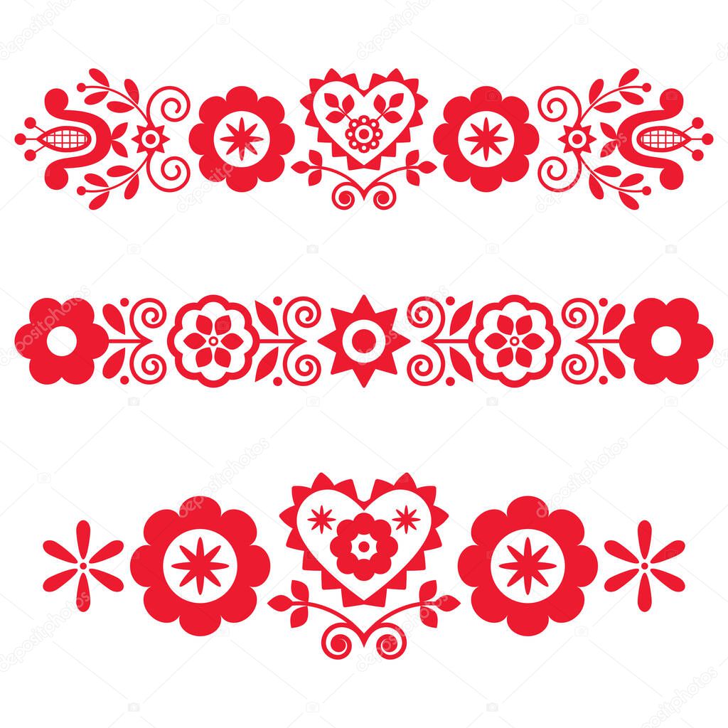 Polish floral folk art vector long vertical design elements inspired by traditional embroidery, greeting card patterns