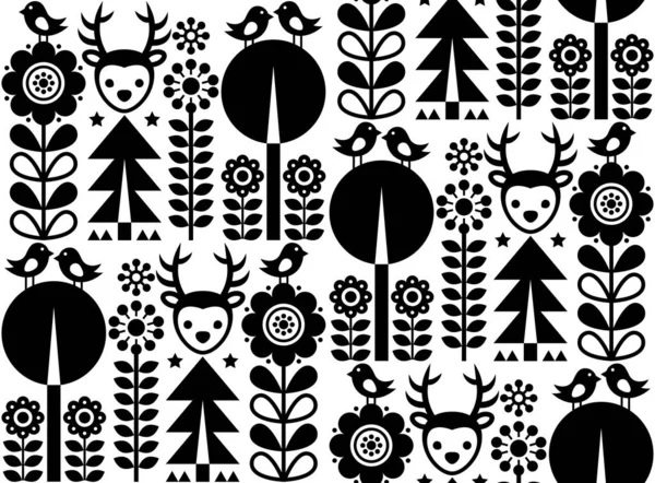 Fins Geïnspireerd Naadloze Vector Folk Kunst Monochroom Patroon Scandinavische Scandinavische — Stockvector