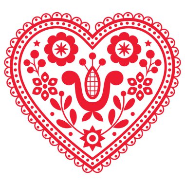 Valentine's Day greeting card or wedding invitation design - Polish folk art vector heart pattern with flowers clipart