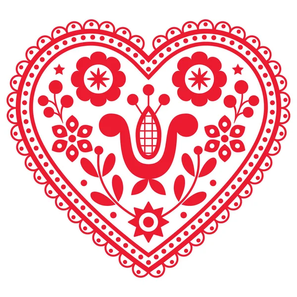 情人节贺卡或婚宴请柬设计 波兰民间艺术矢量心形花卉 — 图库矢量图片