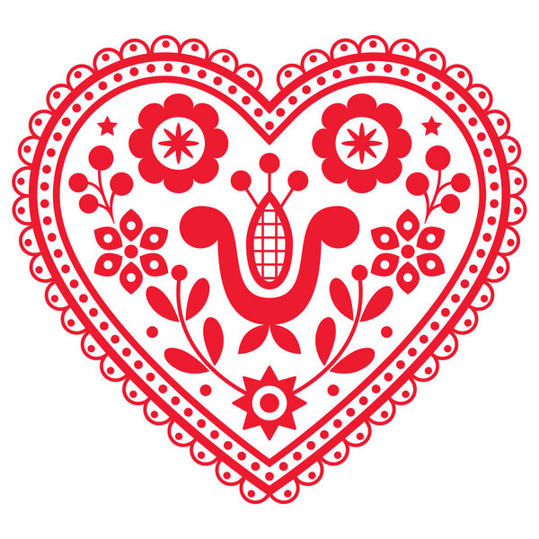 Открытки на день святого Валентина или дизайн приглашения на свадьбу - векторный рисунок сердца польского народного искусства с цветами