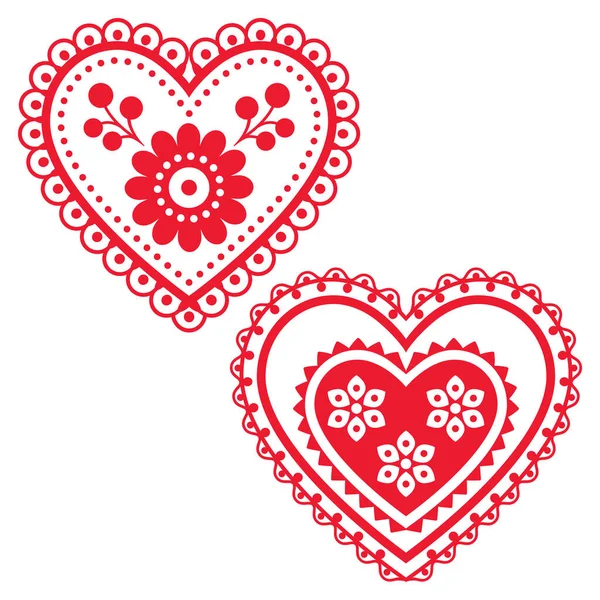 Folk Art Floral Vectoor Heart Design Set Perfect Valentine Day — Stock Vector