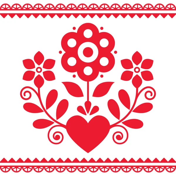 バレンタインデーのグリーティングカードや結婚式の招待に最適な花と心を持つポーランドの民俗芸術ベクトルデザイン — ストックベクタ