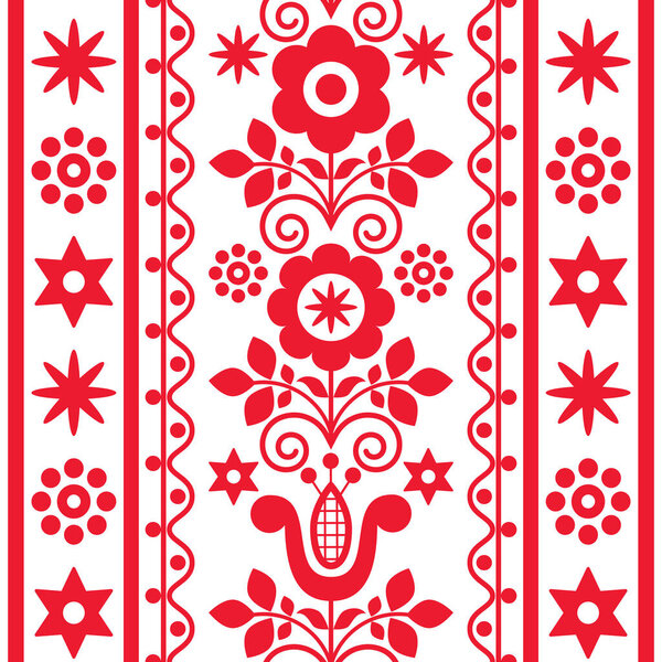 Цветочный милый вектор бесшовный текстиль или ткань печати вертикальный узор с цветами - польское народное искусство Lachy Sadeckie