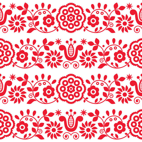 Вектор польского народного искусства бесшовная вышивка с цветами и сердцами, вдохновленные вышивкой дизайн Lachy Sadeckie - текстильная или тканевая печать украшения