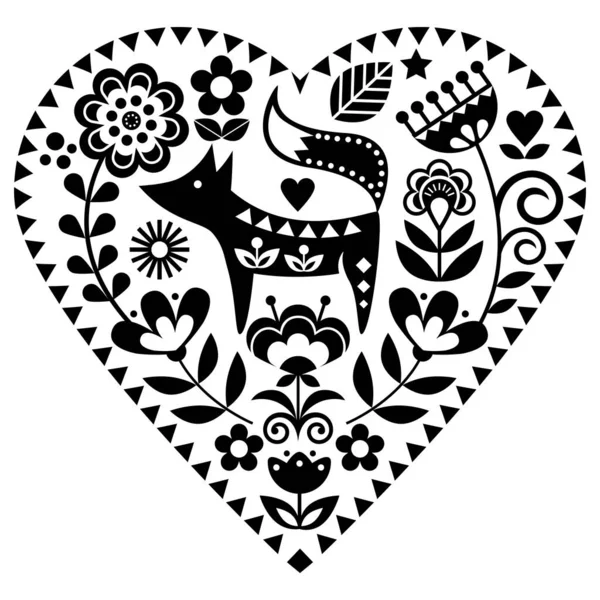 Scandinavian Heart Shape Folk Art Vector Pattern Flowers Fox Monochrome — Stock Vector
