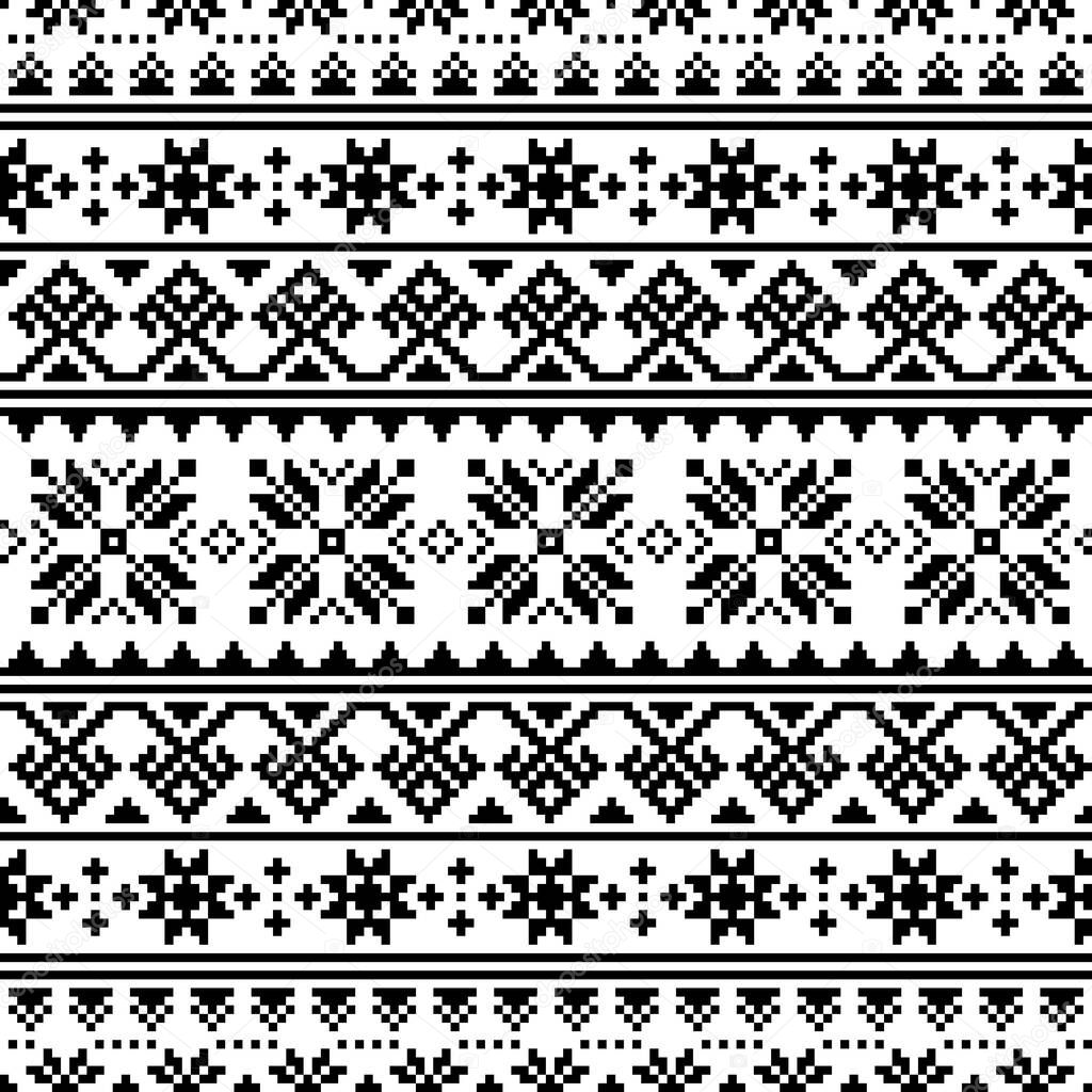 Ukrainian, Belarusian embroidery vector seamless pattern, cross-stitch black and white ornament inpired by folk art - Vyshyvanka 