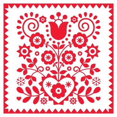 Floral retro folk art vector design in square frame from Nowy Sacz in Poland inspired by traditional highlanders embroidery Lachy Sadeckie clipart