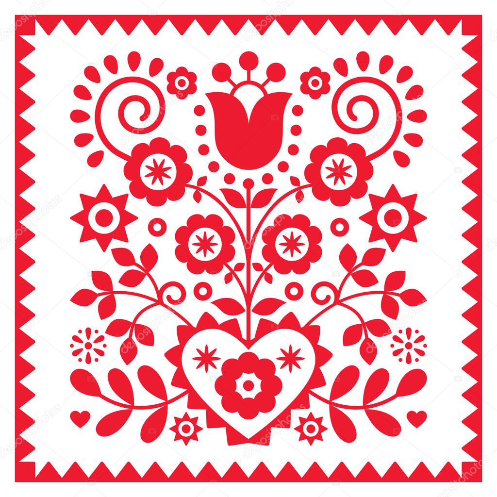 Floral retro folk art vector design in square frame from Nowy Sacz in Poland inspired by traditional highlanders embroidery Lachy Sadeckie