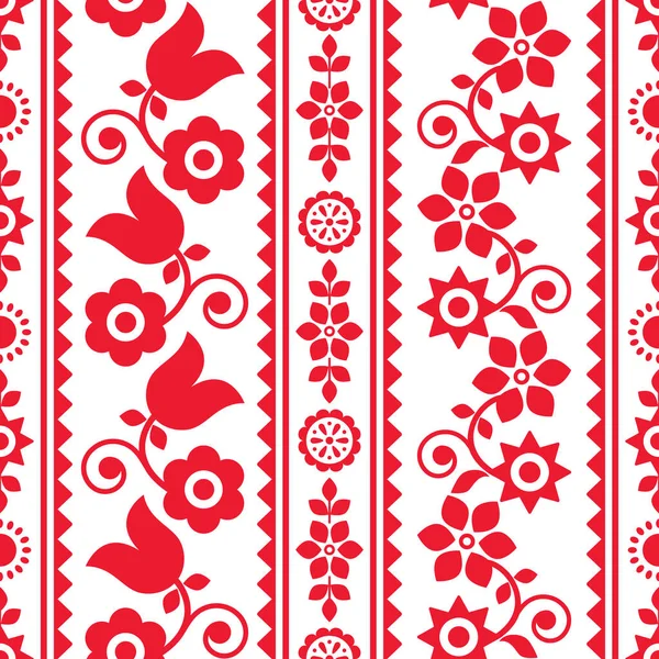 赤と白 花の刺繍ラッキーサデッキーでポーランドの伝統的な民俗芸術ベクトルシームレス繊維やファブリックプリントパターン 花や葉を持つ伝統的なスラブの装飾 Nowy Saczの山からの装飾的な背景 ポーランド — ストックベクタ