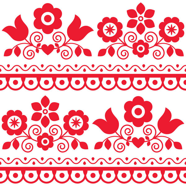 Ретровекторный бесшовный текстиль или тканевая печать с цветочным мотивом, красный узор с цветами - польское народное искусство Lachy Sadeckie. Весенний дизайн обоев, старинные этнические украшения из Нового Сакца Польша  