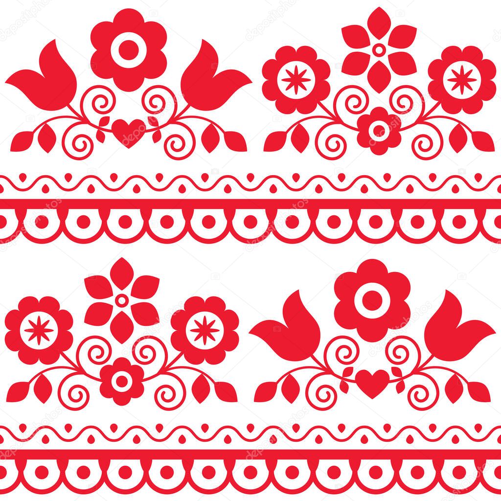 Retro vector seamless textile or fabric print with floral motif, red pattern with flowers - Polish folk art Lachy Sadeckie. Spring  wallpaper design, old ethnic decoration from Nowy Sacz Poland  