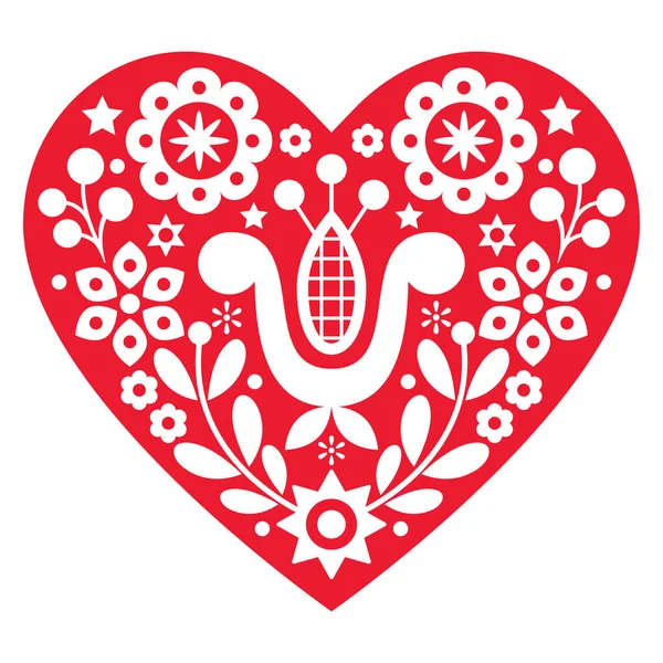 Valentine Day Folk Art Vector Heart Greeting Card Design Traditional — Stock Vector