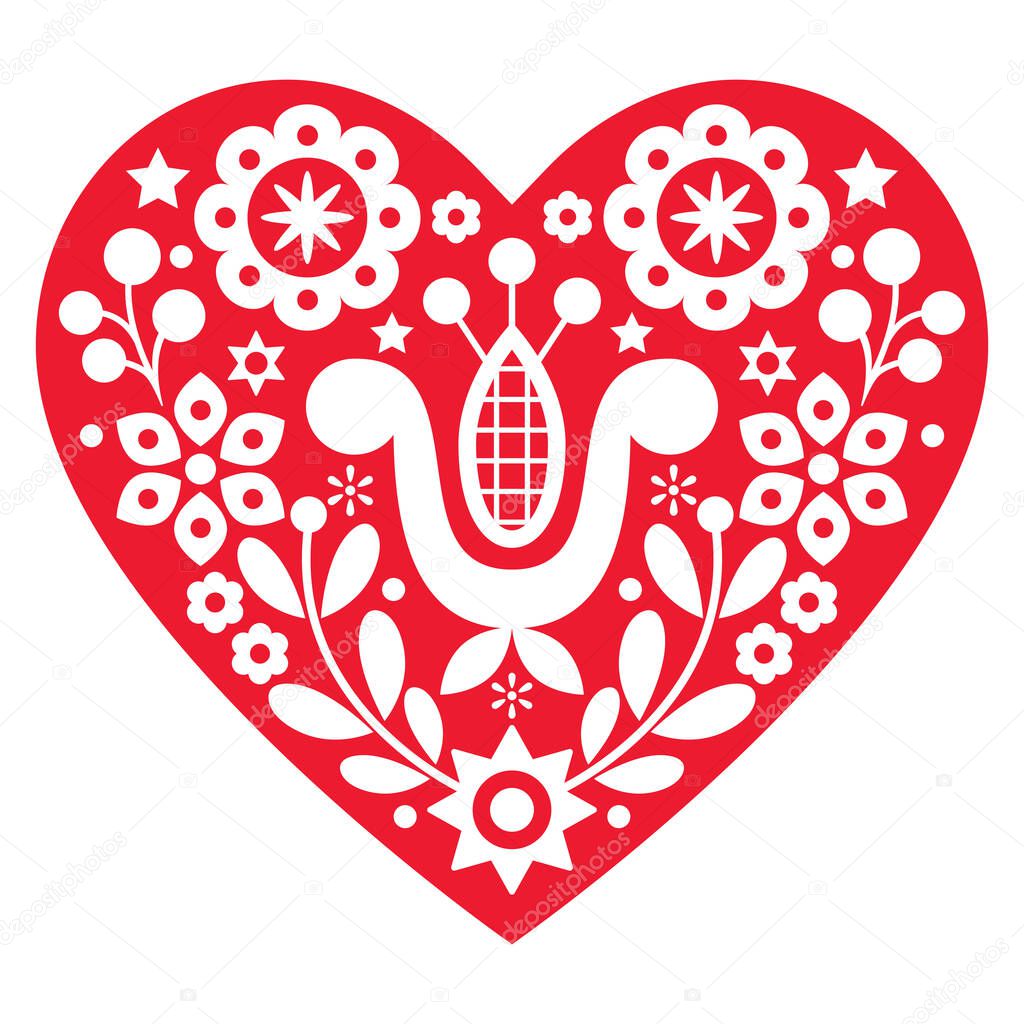 Valentine's Day folk art vector heart greeting card design - traditional Polish embroidery style Lachy Sadeckie