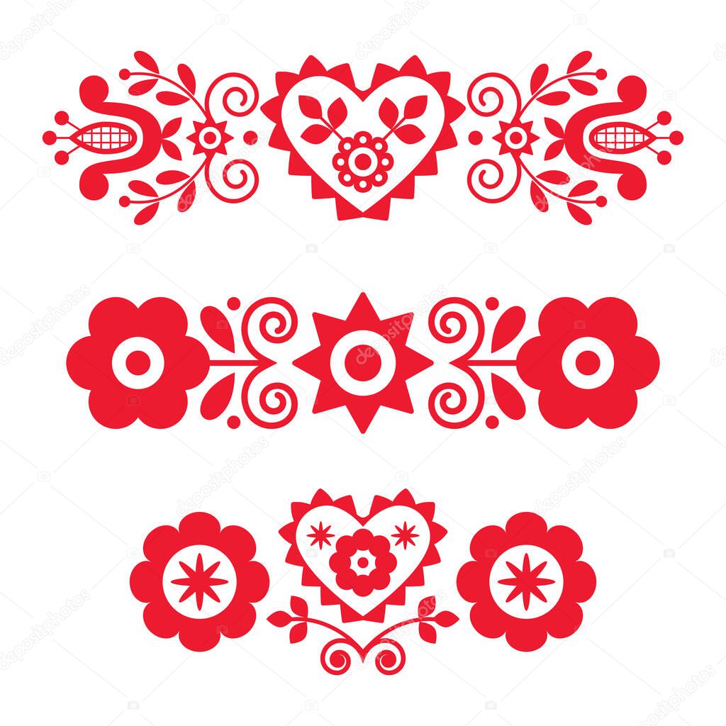 Polish red floral folk art vector long design elements collection inspired by traditional embroidery, greeting card patterns