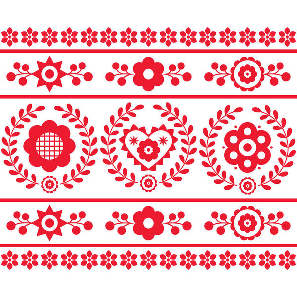 Польский вектор народного искусства бесшовная вертикальная вышивка рисунок с цветами и венками, вдохновленный вышивкой дизайн Lachy Sadeckie - текстиль или ткань печати украшения. Ретро красный и белый славянский цветочный фон, старый дизайн из Польши