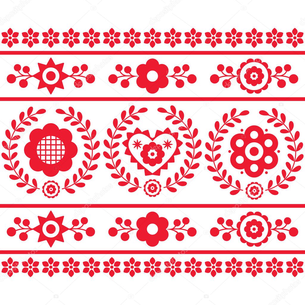 Polish folk art vector seamless vertical embroidery pattern with flowers and wreaths inspired by embroidery designs Lachy Sadeckie - textile or fabric print ornament. Retro red and white Slavic floral background, old design from Poland