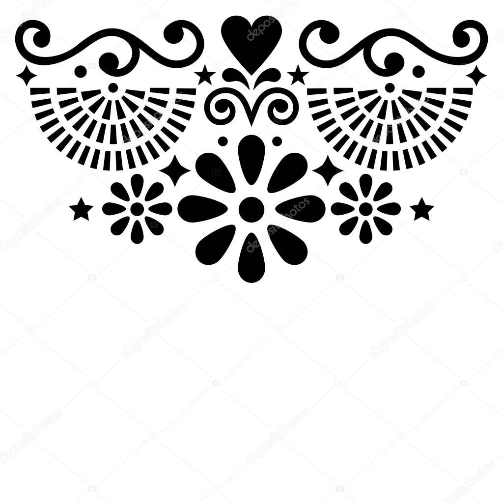 Mexican folk art vector greeting card or invitation design, black and white pattern with flowers and geometric shapes 