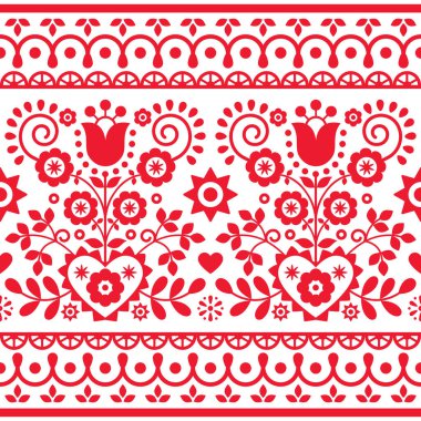 Polish folk art vector seamless textile or greeting card pattern with red tulips, other flowers, hearts and leaves - Lachy Sadeckie. Spring repetitive wallpaper design, old ethnic decoration from Nowy Sacz, Poland   clipart
