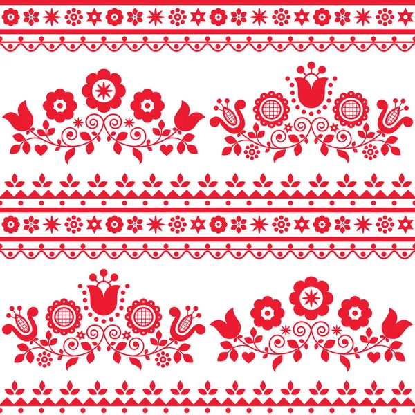花と花の民族芸術のベクトルシームレスなテキスタイルやファブリックプリントパターン ポーランドのラッキーサデッキ 赤と白の繰り返し花の装飾 Nowy Sacz Polandの古い民族デザイン — ストックベクタ