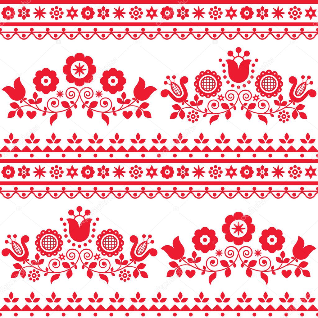 Floral folk art vector seamless textile or fabric print pattern with flowers - Polish Lachy Sadeckie. Repetitive floral ornament in red and white, old ethnic design from Nowy Sacz Poland  