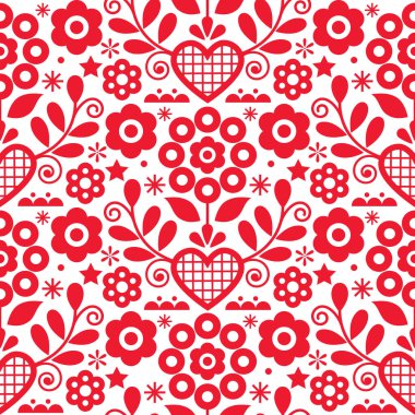 Traditional floral vector seamless red and white pattern perfect for textile or fabric print. Inspired by folk art from Nowy Sacz, Poland  clipart