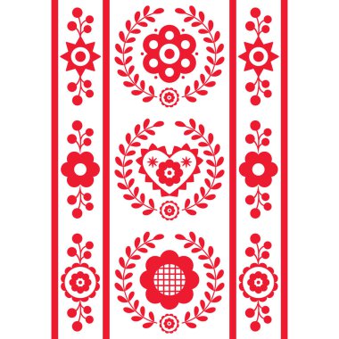 Polish folk art vector seamless long horizontal embroidery pattern with flowers and wreaths inspired by embroidery designs Lachy Sadeckie - textile or fabric print ornament clipart