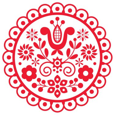 Polish cute folk art vector round framed design with flowers and leaves - greeting card or wedding invitation ornament clipart