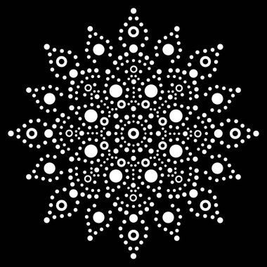 Avustralyalı mandala nokta boyama etnik vektör tasarımı, Aborjin dekoratif boho stili siyah arka planda beyaz noktalı sanat deseni