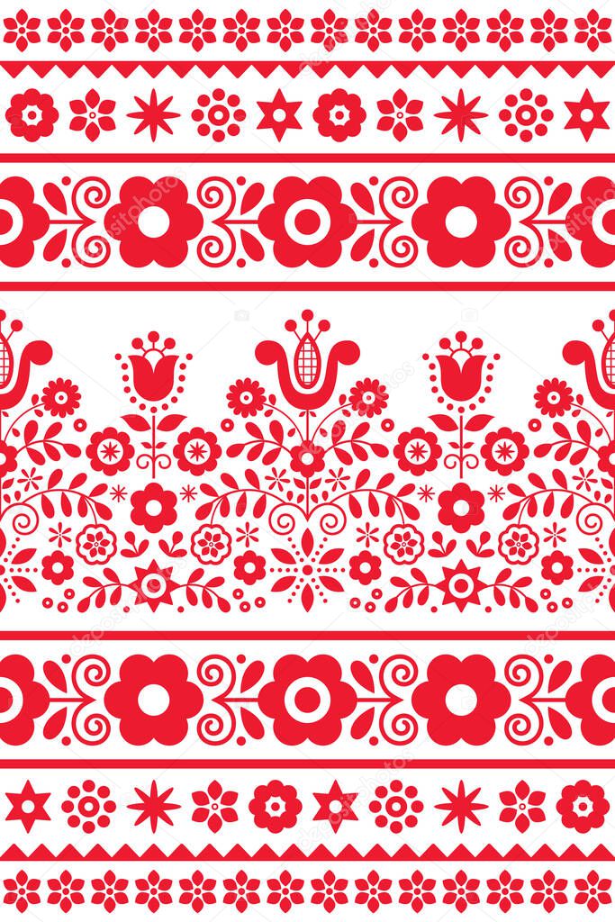 Polish traditional folk art vector seamless textile or fabric print pattern with flowers, hearts and leaves - Lachy Sadeckie