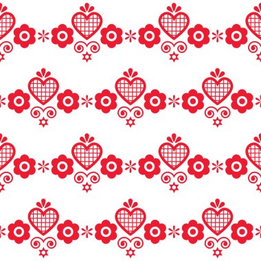 Halk sanatı nakışından esinlenilmiş kalpler ve çiçeklerle geleneksel vektörsüz desen Lachy Sadeckie - tekstil veya kumaş baskı süsü