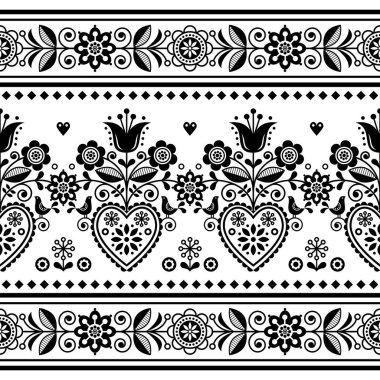 İskandinav halk sanatı, kuşlar ve çiçeklerle kusursuz vektör deseni, siyah ve beyaz çiçeklerle tekrarlanan İskandinav süslemesi.
