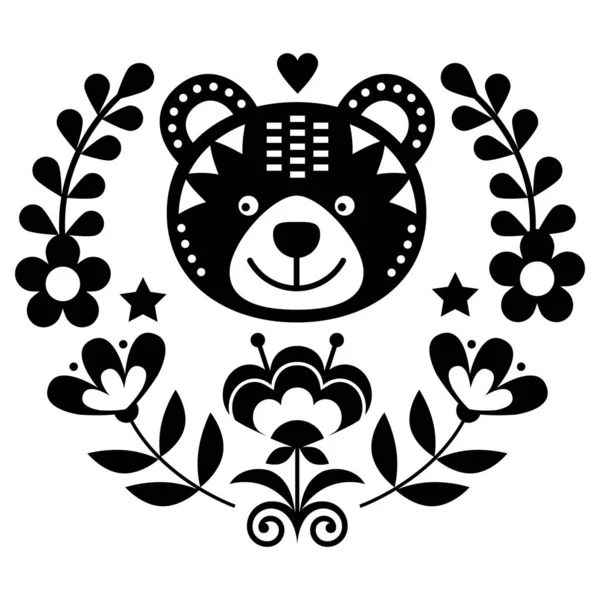 Patrón Redondo Vector Arte Popular Oso Escandinavo Con Flores Corona — Vector de stock