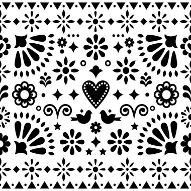 Meksika halk sanatı monokrom dikişsiz vektör deseni, çiçeklerle ve Meksika 'dan gelen geleneksel süslemelerden esinlenilmiş kuşlarla tasarım 