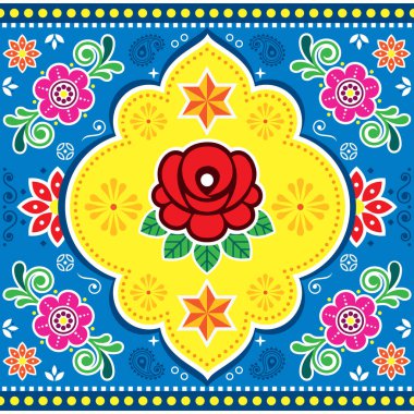 Hint ve Pakistanlı kamyon sanat vektörü gül, diğer çiçekler, yıldızlar ve girdaplarla kusursuz desen tasarımı