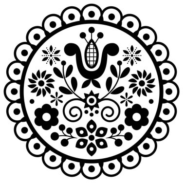 Polish cute folk art vector round framed design with flowers and leaves - black and white greeting card or wedding invitation ornament clipart