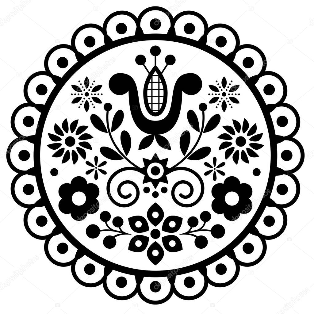 Polish cute folk art vector round framed design with flowers and leaves - black and white greeting card or wedding invitation ornament