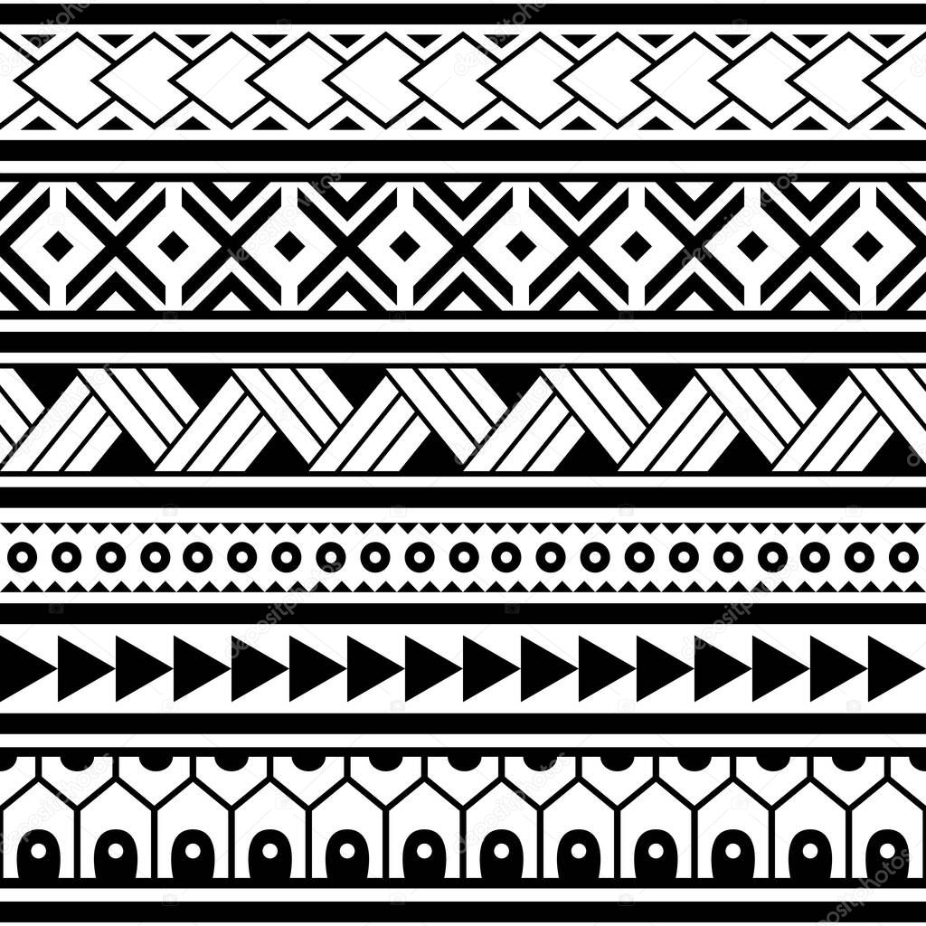 Polynesian ethnic Maori geometric seamless vector pattern, cool Hawaiian tribal fabric print or textile design in black and white