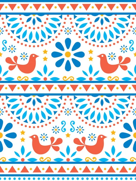 Mexican Folk Art Vector Seamless Pattern Birds Flowers Textile Fabric — Stock Vector